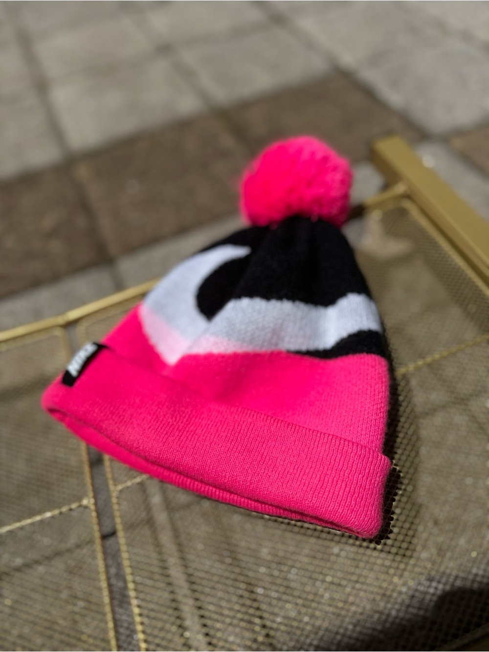 Nike Kids Pink Black White Pom Beanie